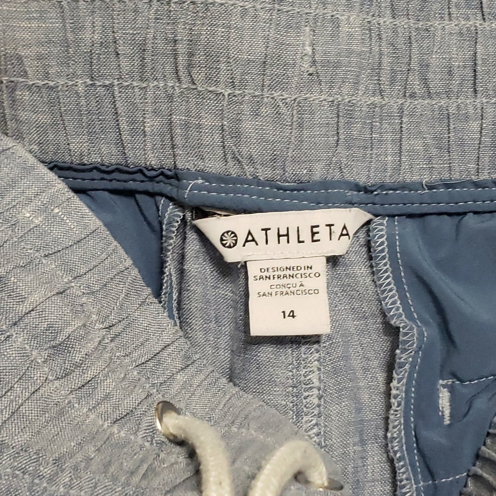 Athleta Cabo Linen Wide Leg Pant Chambray Blue Size 14 Elastic Waist Drawstring - Picture 4 of 11